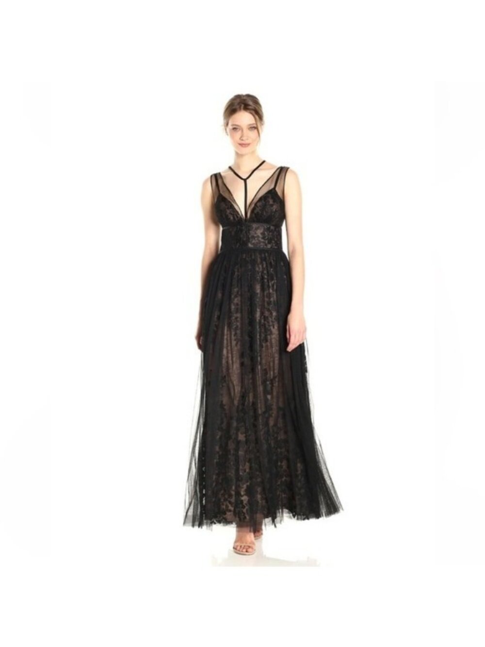 Vera Wang Black & Nude Lace-Layer Sleeveless Gown sz 2